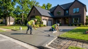Workers finishing a new concrete driveway with rebar reinforcement at a Birmingham, AL home