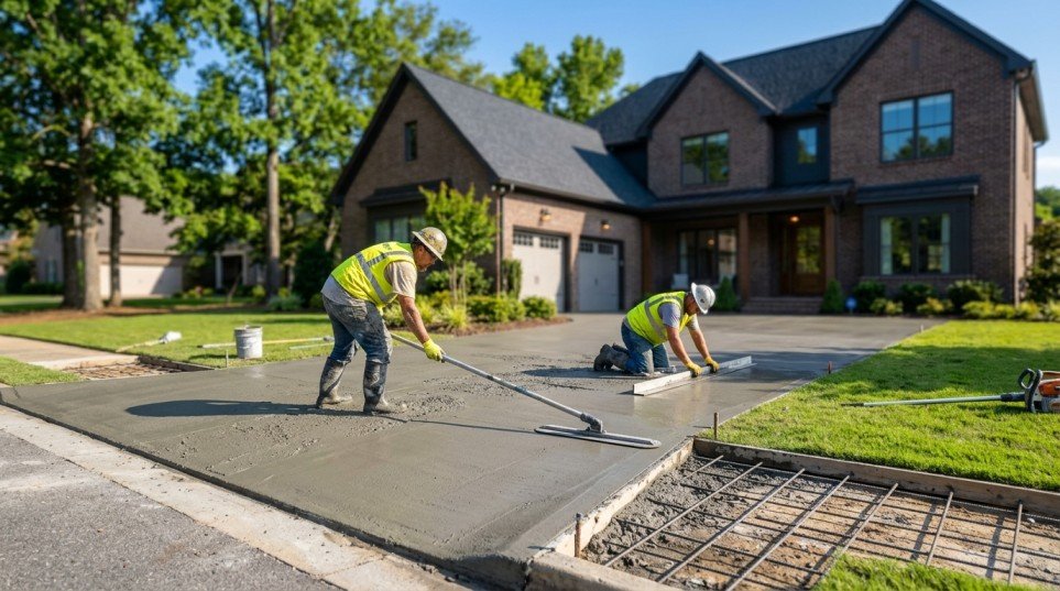 Workers finishing a new concrete driveway with rebar reinforcement at a Birmingham, AL home